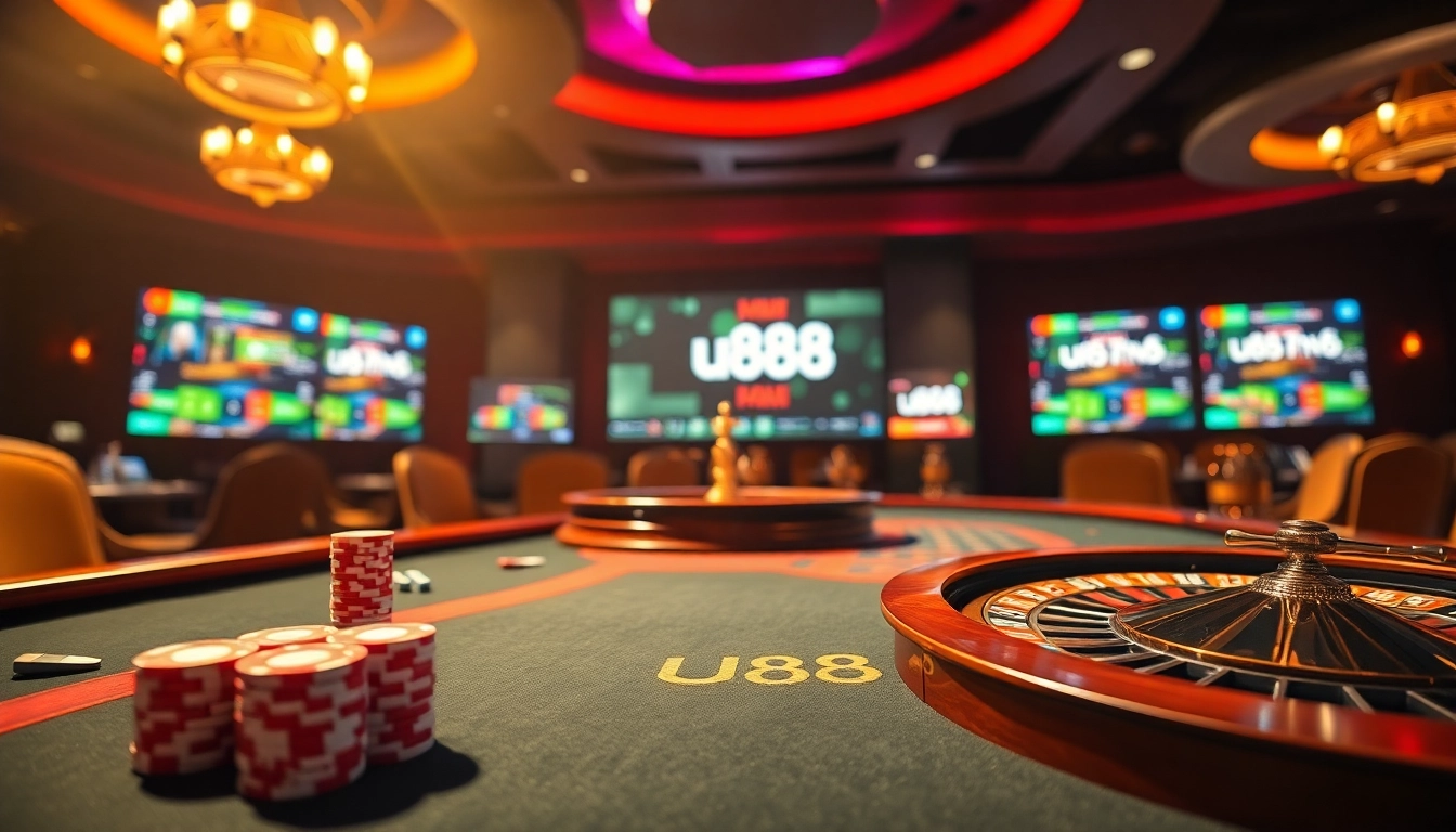 Experience the thrill of u888 with poker chips and a roulette wheel in a luxurious casino setting.