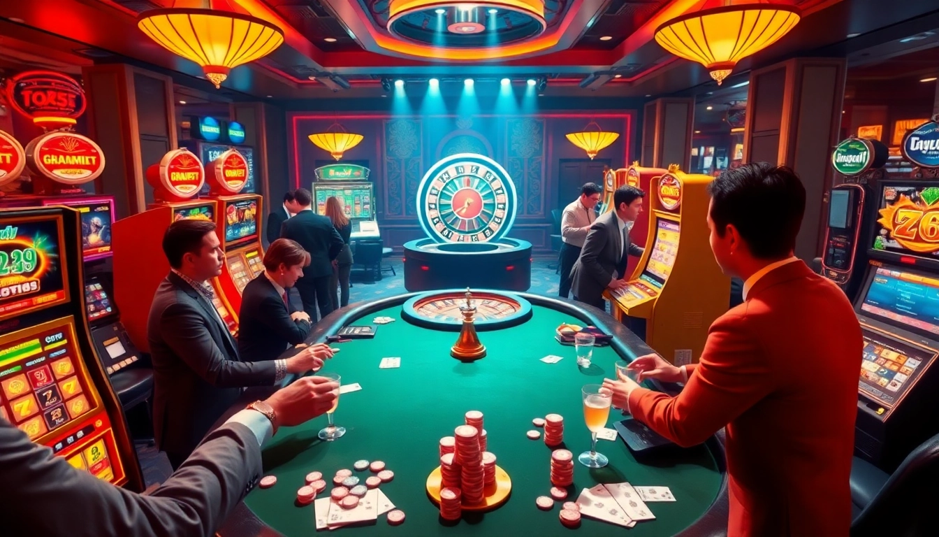Exciting casino environment with God55 branding, featuring a poker table, vibrant slot machines, and roulette wheel.