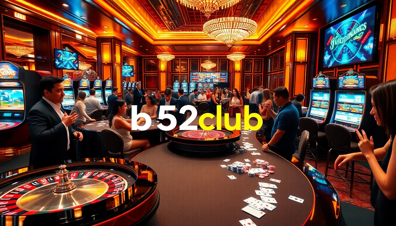 B52club players enjoying an exciting game night at casino tables with chips and cards.