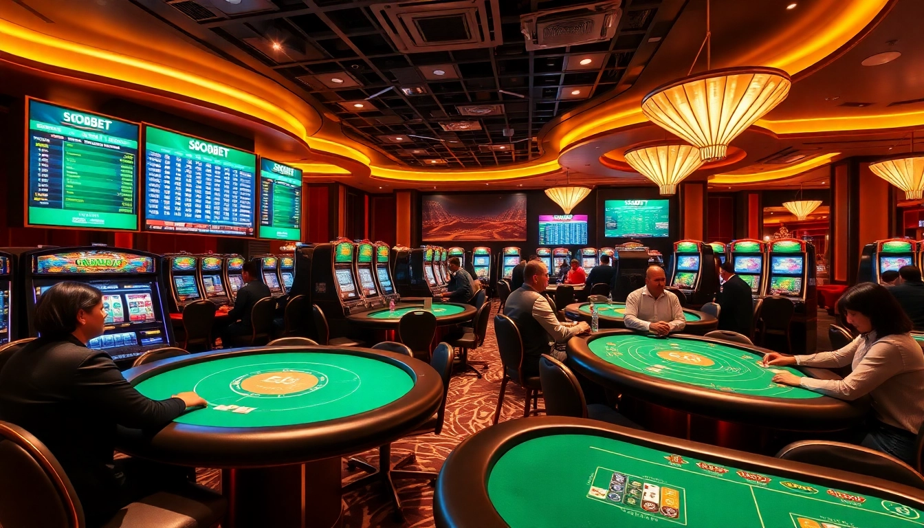 Players engaging in online sbobet login sports betting in a luxurious casino setting.