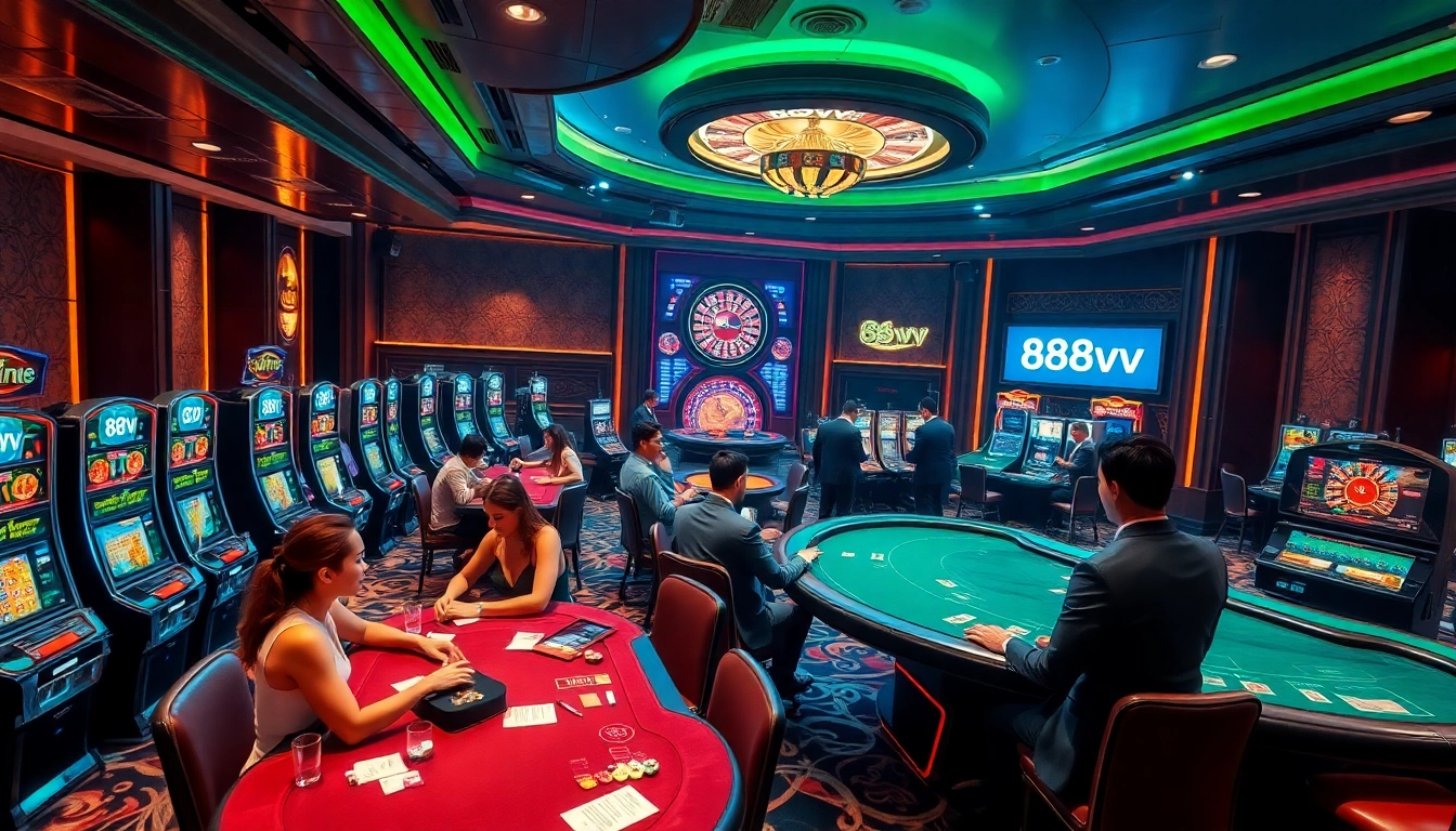 Experience the excitement of 88vv with players engaged in a lively casino scene featuring poker and slot games.