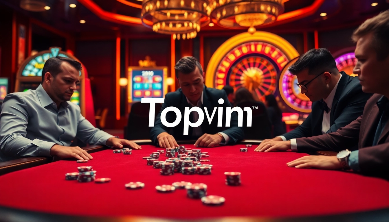 Experience high-stakes gaming at Topvin's luxurious casino with vibrant slot machines and poker tables.