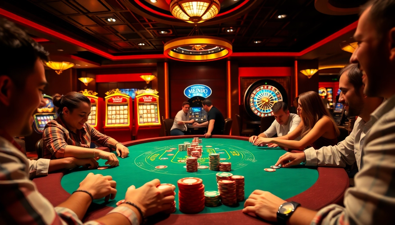 Players enjoying poker and slot machines at mb66 casino, highlighting the excitement of gambling.